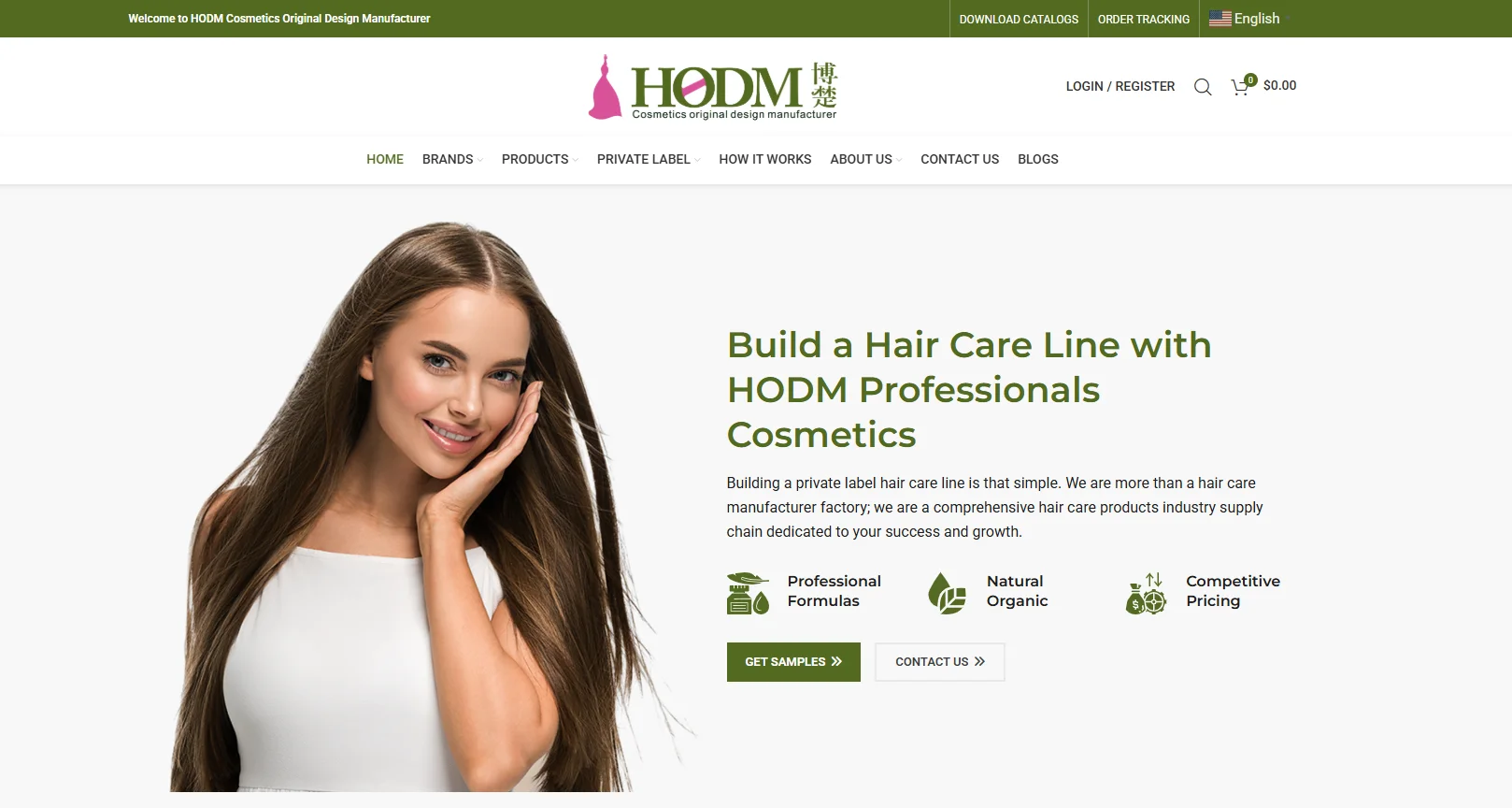 Banner promoting HODM hair care line with text offering professional formulas, natural organic products, and competitive pricing.